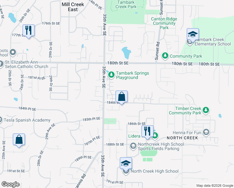 map of restaurants, bars, coffee shops, grocery stores, and more near 3615 183rd Place Southeast in Bothell
