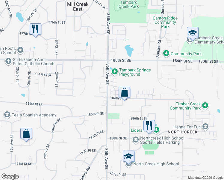 map of restaurants, bars, coffee shops, grocery stores, and more near 3518 183rd Street Southeast in Bothell