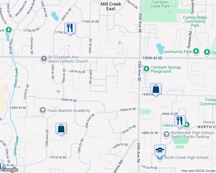 map of restaurants, bars, coffee shops, grocery stores, and more near 3118 183rd Street Southeast in Bothell