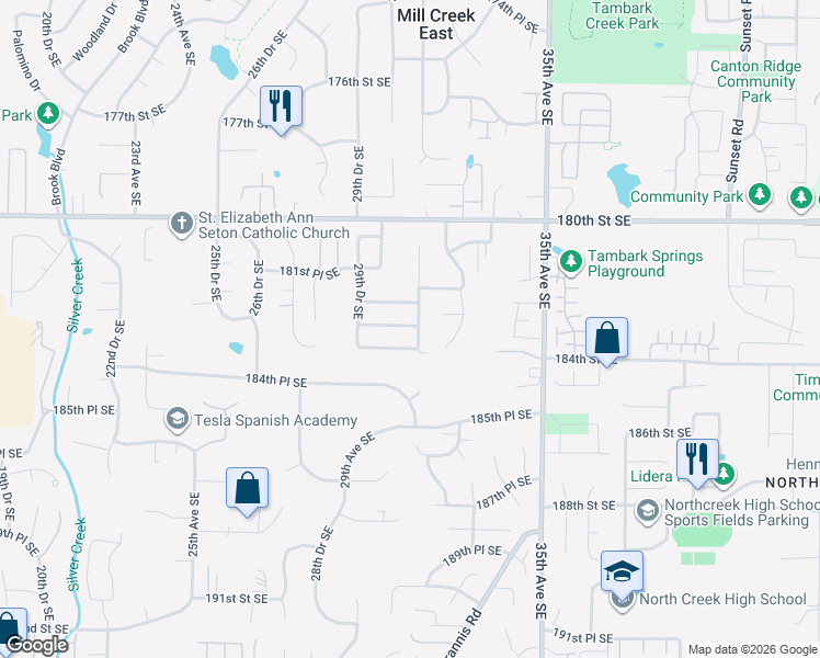 map of restaurants, bars, coffee shops, grocery stores, and more near 3023 183rd Street Southeast in Bothell