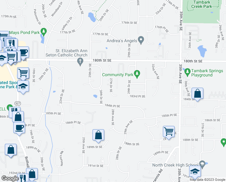 map of restaurants, bars, coffee shops, grocery stores, and more near 18232 27th Drive Southeast in Bothell