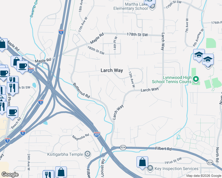 map of restaurants, bars, coffee shops, grocery stores, and more near 18322 15th Place West in Lynnwood