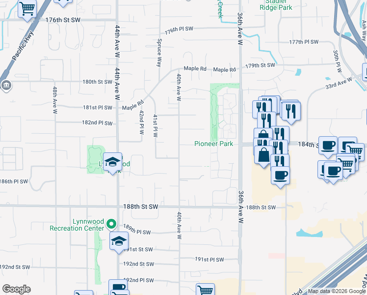 map of restaurants, bars, coffee shops, grocery stores, and more near 3903 184th Place Southwest in Lynnwood
