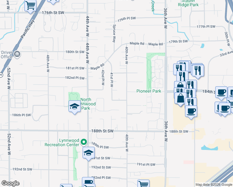 map of restaurants, bars, coffee shops, grocery stores, and more near 18403 41st Place West in Lynnwood