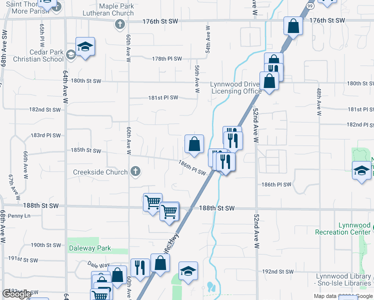 map of restaurants, bars, coffee shops, grocery stores, and more near 18332 Hurst Road in Lynnwood