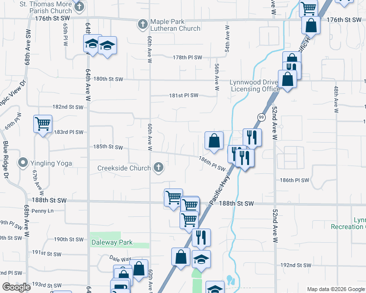 map of restaurants, bars, coffee shops, grocery stores, and more near 18329 58th Place West in Lynnwood