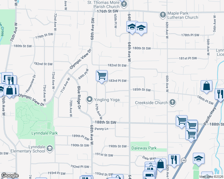 map of restaurants, bars, coffee shops, grocery stores, and more near 18400 66th Place West in Lynnwood