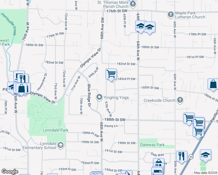 map of restaurants, bars, coffee shops, grocery stores, and more near 18402 66th Avenue West in Lynnwood