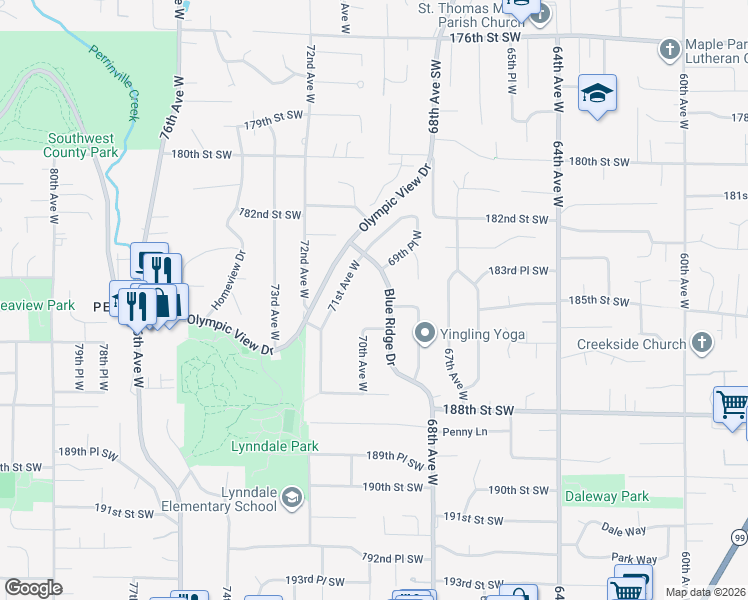 map of restaurants, bars, coffee shops, grocery stores, and more near 18405 71st Avenue West in Lynnwood