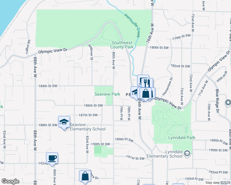 map of restaurants, bars, coffee shops, grocery stores, and more near 18416 79th Place West in Edmonds