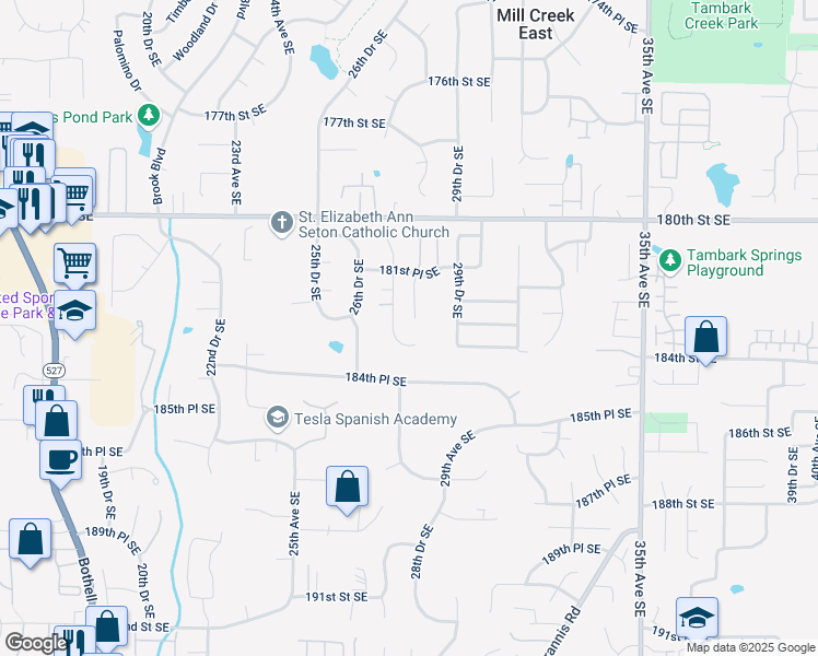 map of restaurants, bars, coffee shops, grocery stores, and more near 18232 28th Drive Southeast in Bothell