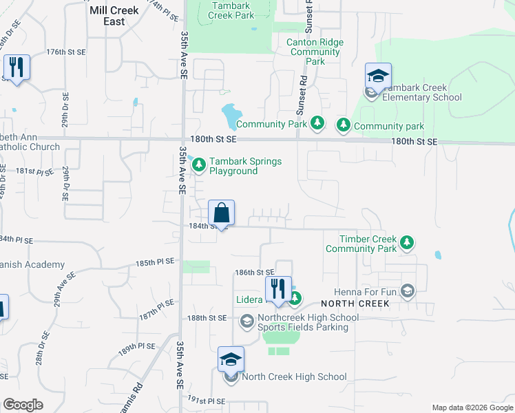 map of restaurants, bars, coffee shops, grocery stores, and more near 18308 38th Drive Southeast in Bothell