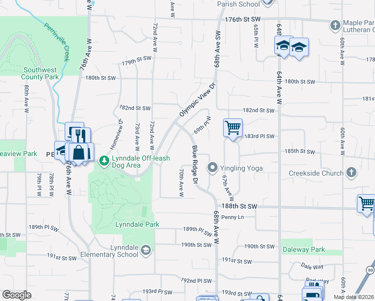 map of restaurants, bars, coffee shops, grocery stores, and more near 18405 71st Avenue West in Lynnwood