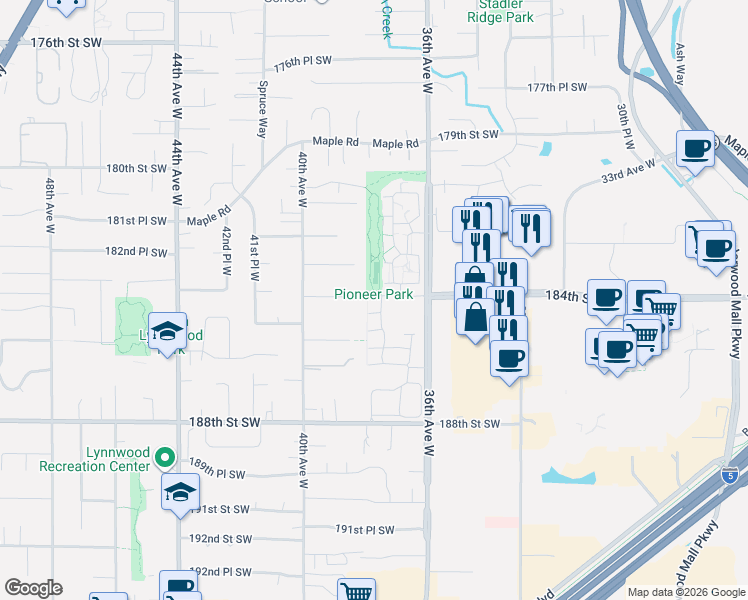 map of restaurants, bars, coffee shops, grocery stores, and more near 3805 184th Place Southwest in Lynnwood