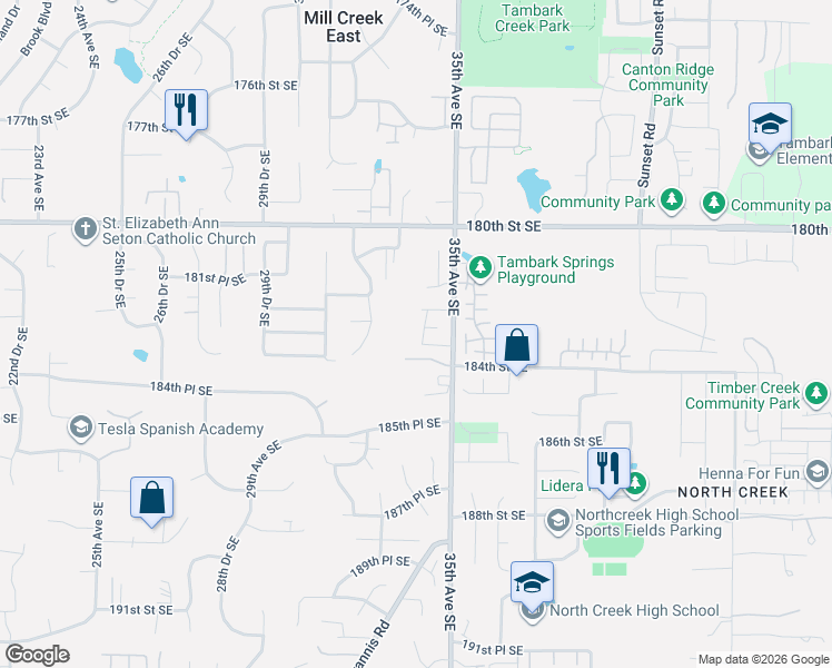map of restaurants, bars, coffee shops, grocery stores, and more near 18228 34th Avenue Southeast in Bothell