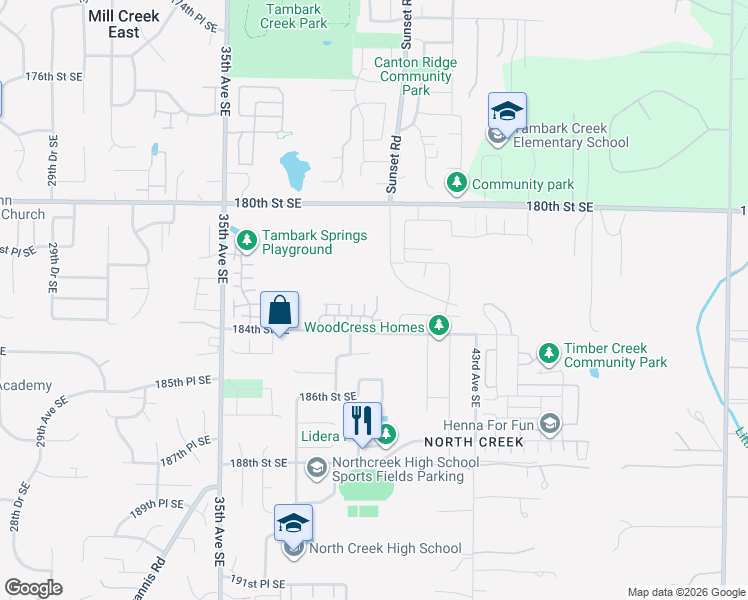 map of restaurants, bars, coffee shops, grocery stores, and more near 18306 40th Avenue Southeast in Bothell