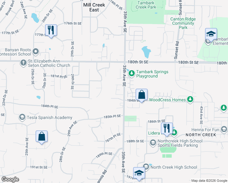 map of restaurants, bars, coffee shops, grocery stores, and more near 18306 34th Avenue Southeast in Bothell