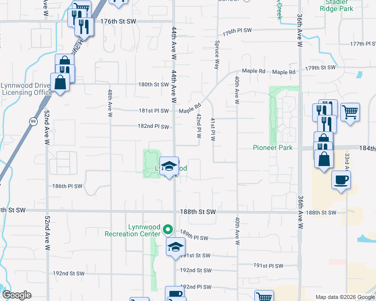 map of restaurants, bars, coffee shops, grocery stores, and more near 4320 184th Street Southwest in Lynnwood