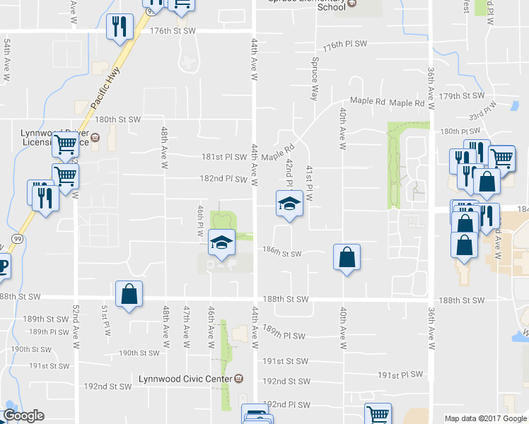 map of restaurants, bars, coffee shops, grocery stores, and more near 4320 184th Street Southwest in Lynnwood