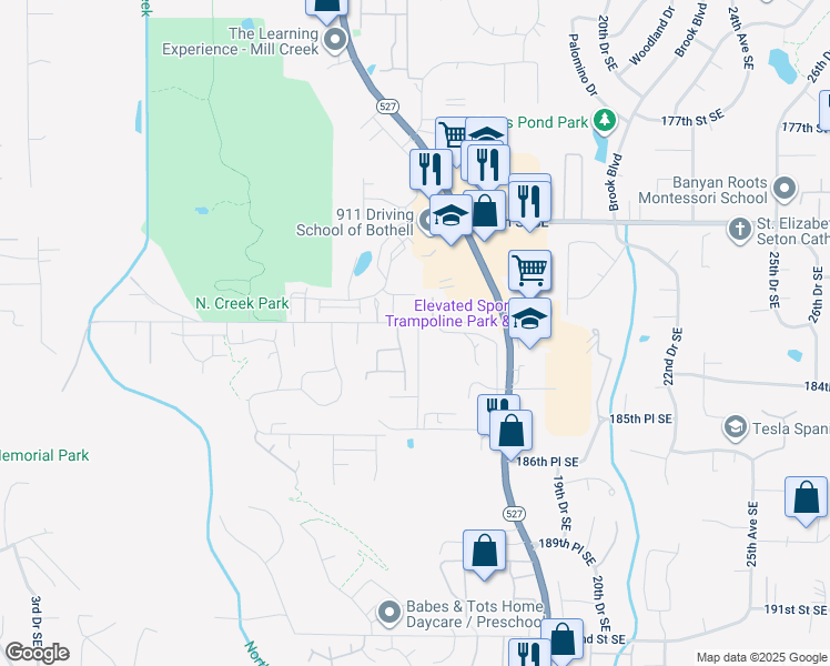 map of restaurants, bars, coffee shops, grocery stores, and more near 1430 183rd Street Southeast in Bothell