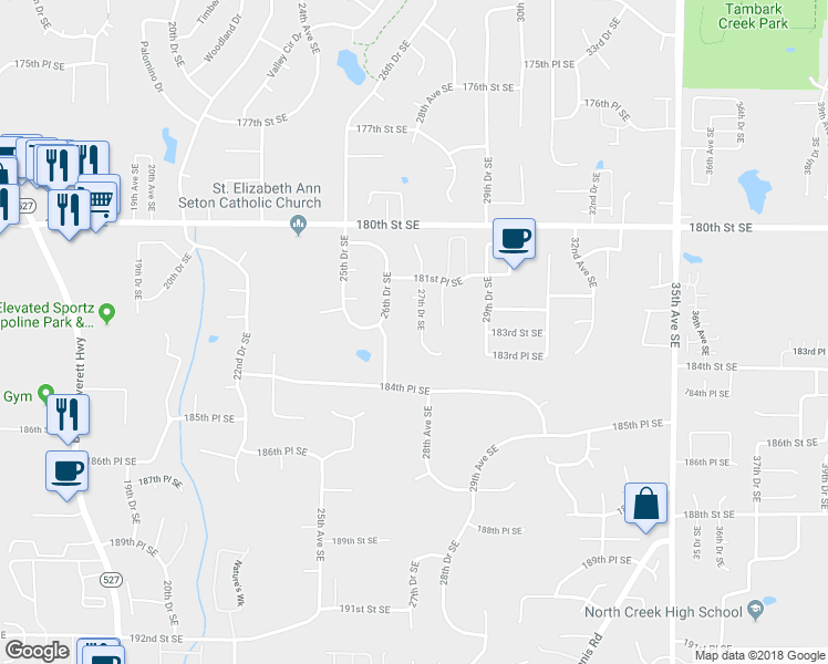 map of restaurants, bars, coffee shops, grocery stores, and more near 18232 27th Drive Southeast in Bothell