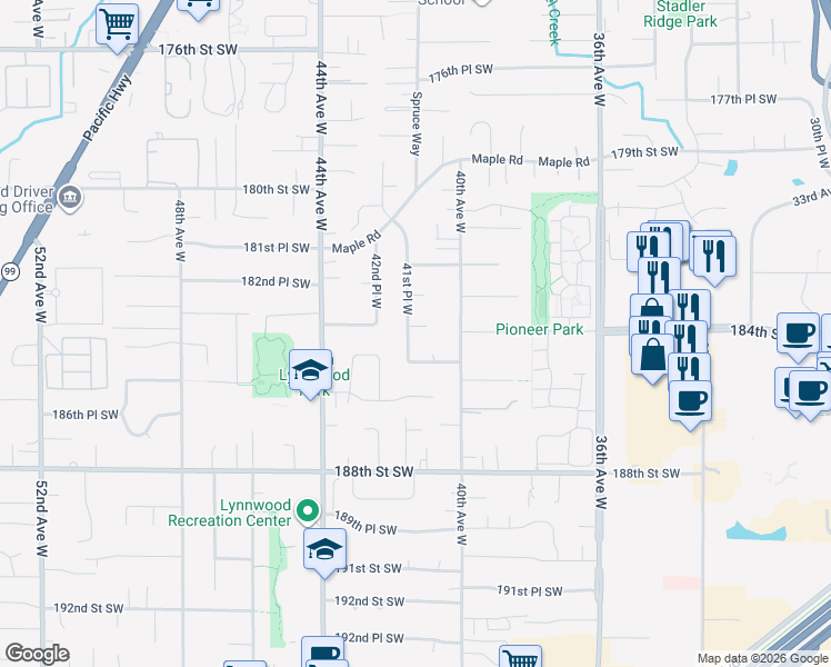 map of restaurants, bars, coffee shops, grocery stores, and more near 18403 41st Place West in Lynnwood