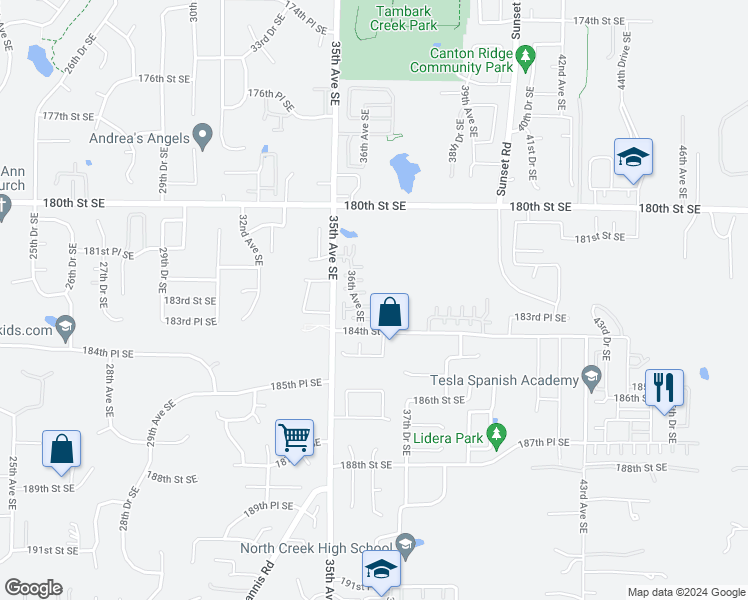 map of restaurants, bars, coffee shops, grocery stores, and more near 3615 183rd Place Southeast in Bothell