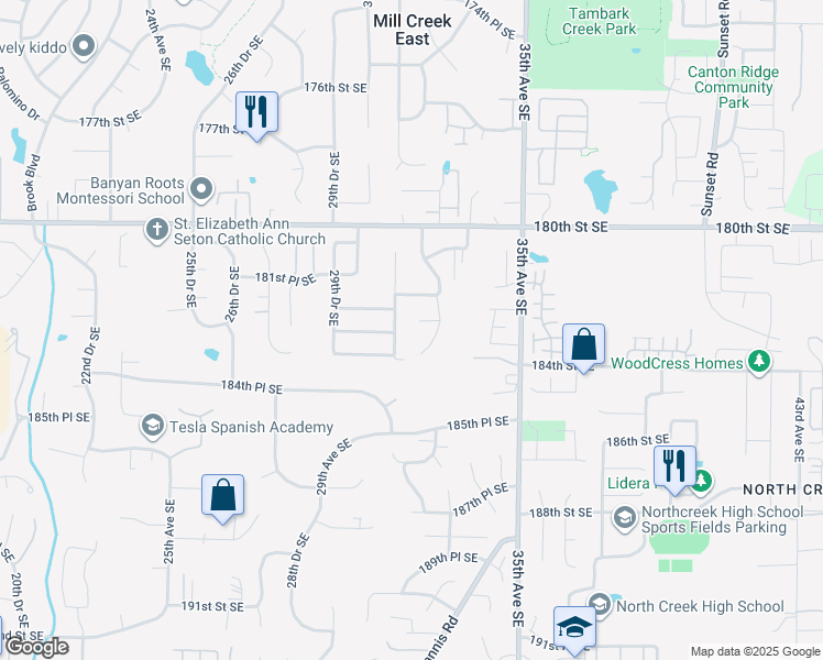 map of restaurants, bars, coffee shops, grocery stores, and more near 3118 183rd Street Southeast in Bothell