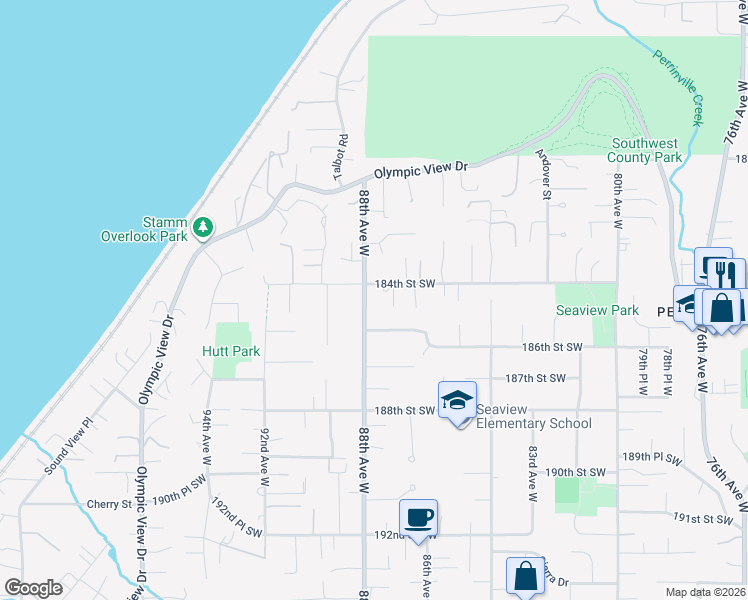 map of restaurants, bars, coffee shops, grocery stores, and more near 18417 88th Avenue West in Edmonds