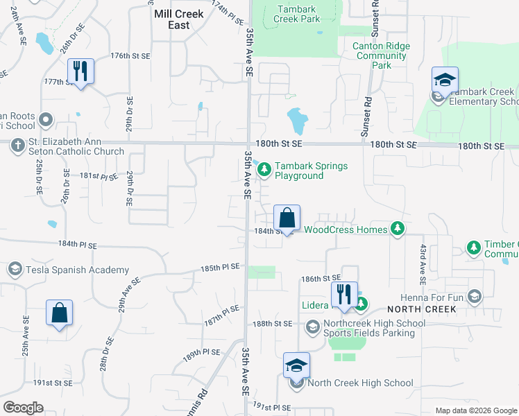 map of restaurants, bars, coffee shops, grocery stores, and more near 3518 183rd Street Southeast in Bothell