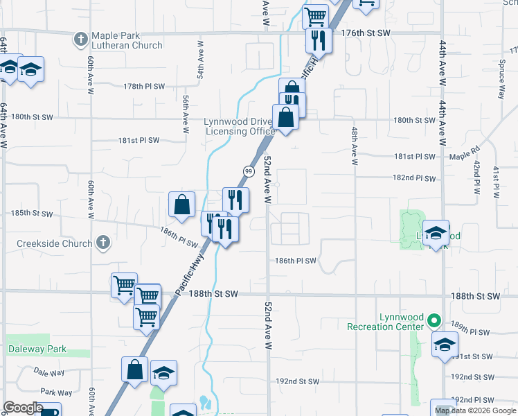 map of restaurants, bars, coffee shops, grocery stores, and more near 18400 52nd Avenue West in Lynnwood