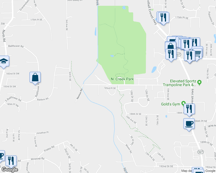 map of restaurants, bars, coffee shops, grocery stores, and more near 815 183rd Place Southeast in Bothell