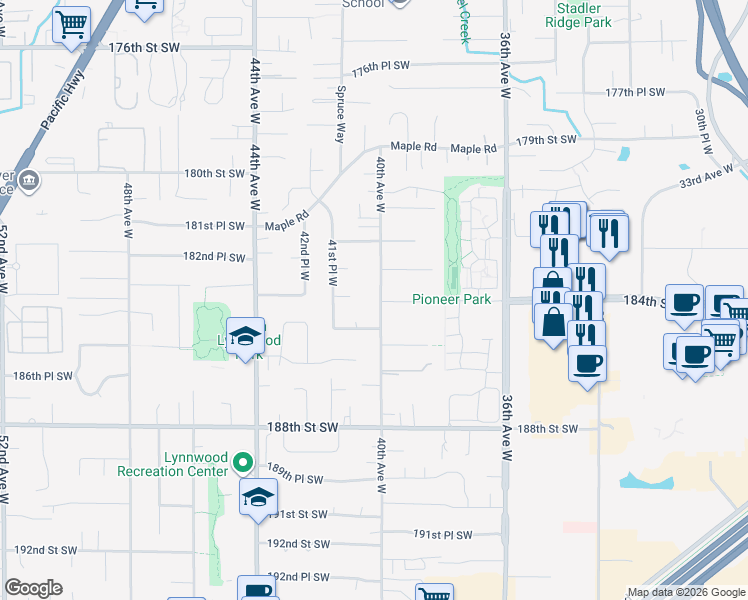 map of restaurants, bars, coffee shops, grocery stores, and more near 18400 40th Avenue West in Lynnwood