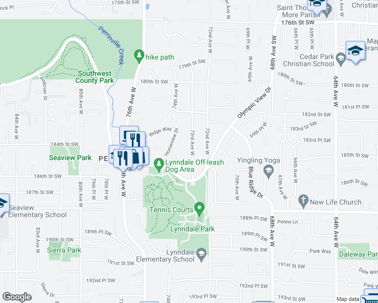 map of restaurants, bars, coffee shops, grocery stores, and more near 18408 73rd Avenue West in Edmonds