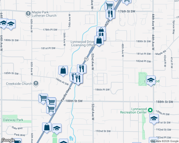map of restaurants, bars, coffee shops, grocery stores, and more near 18400 52nd Avenue West in Lynnwood