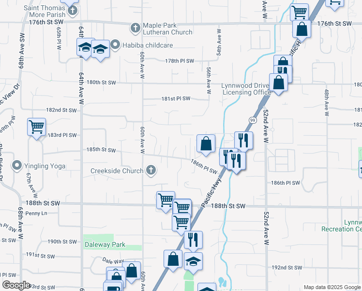 map of restaurants, bars, coffee shops, grocery stores, and more near 18329 58th Place West in Lynnwood