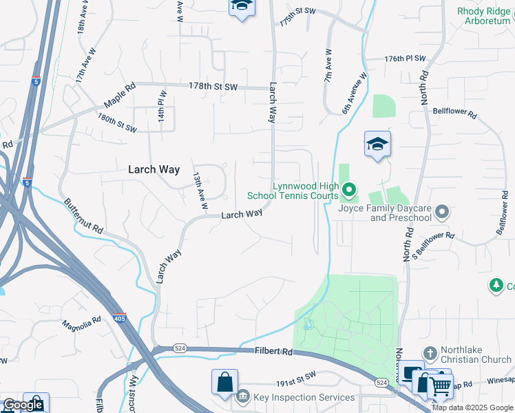 map of restaurants, bars, coffee shops, grocery stores, and more near 18310 Larch Way in Lynnwood
