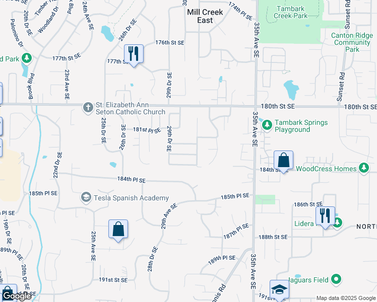 map of restaurants, bars, coffee shops, grocery stores, and more near 3023 183rd St SE in Bothell