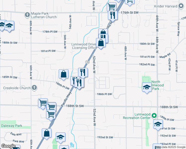 map of restaurants, bars, coffee shops, grocery stores, and more near 18400 52nd Avenue West in Lynnwood