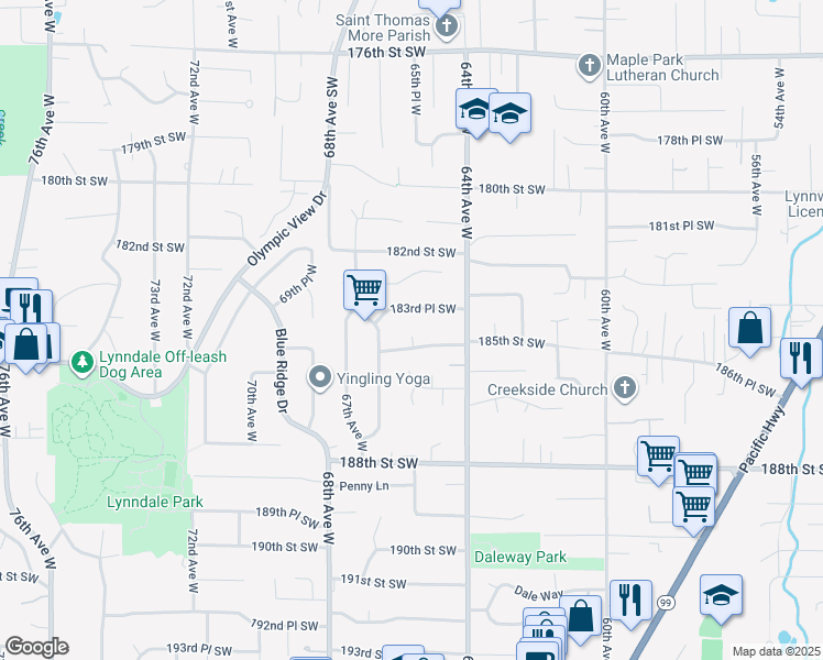 map of restaurants, bars, coffee shops, grocery stores, and more near 18400 66th Place West in Lynnwood