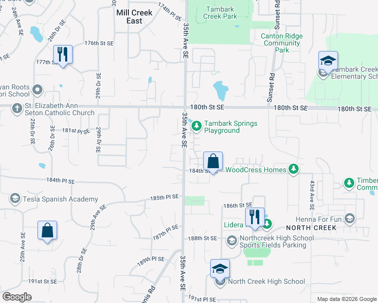 map of restaurants, bars, coffee shops, grocery stores, and more near 3518 183rd Street Southeast in Bothell