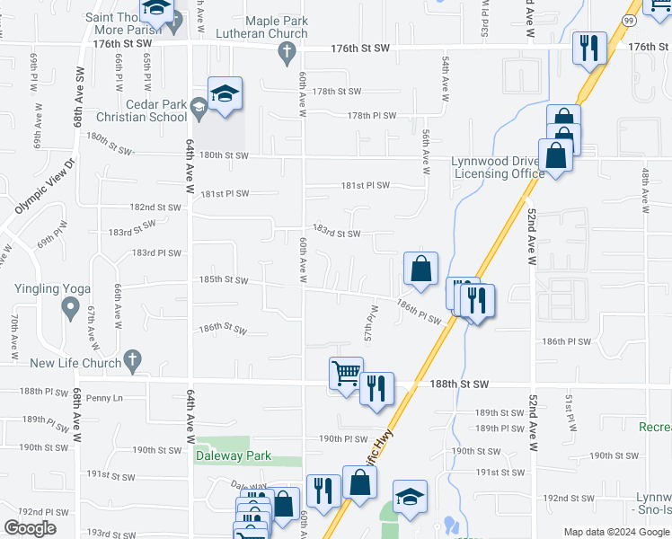 map of restaurants, bars, coffee shops, grocery stores, and more near 5825 186th Place Southwest in Lynnwood
