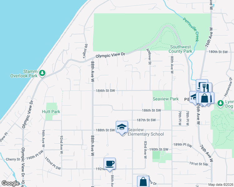 map of restaurants, bars, coffee shops, grocery stores, and more near 8516 184th Street Southwest in Edmonds