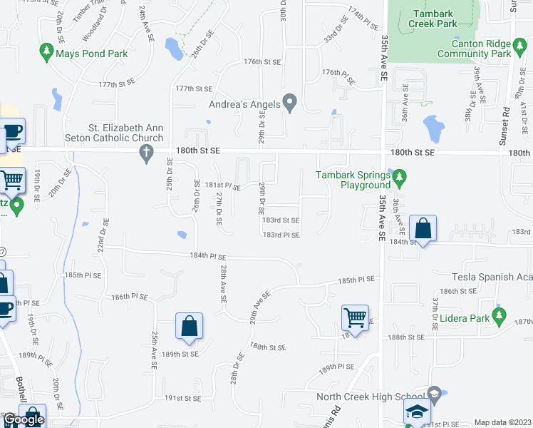 map of restaurants, bars, coffee shops, grocery stores, and more near 18225 29th Drive Southeast in Bothell