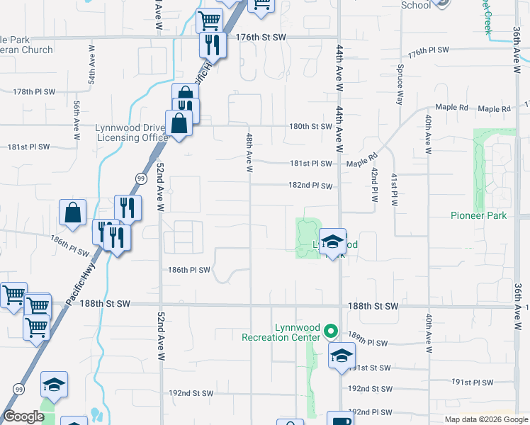map of restaurants, bars, coffee shops, grocery stores, and more near 4628 183rd Place Southwest in Lynnwood