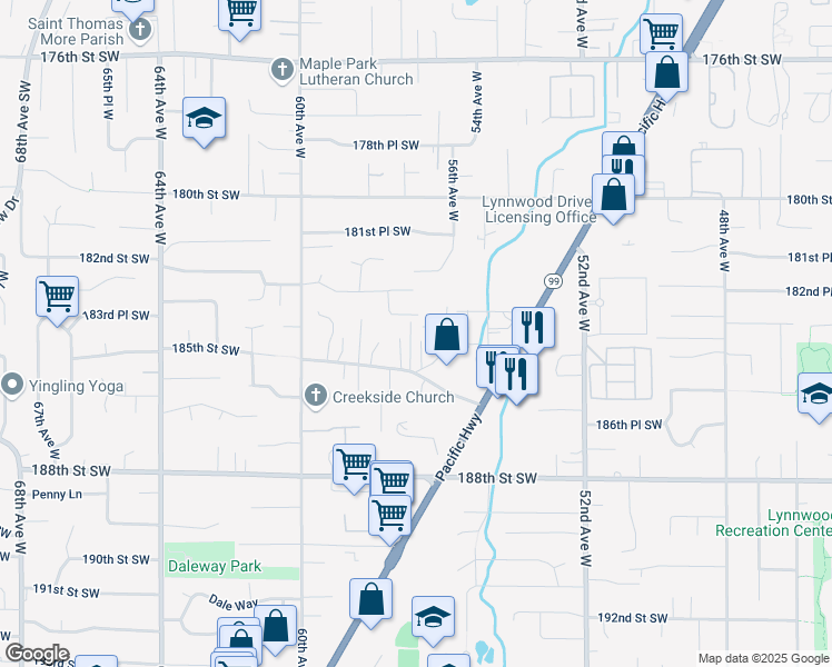 map of restaurants, bars, coffee shops, grocery stores, and more near 18332 Hurst Road in Lynnwood