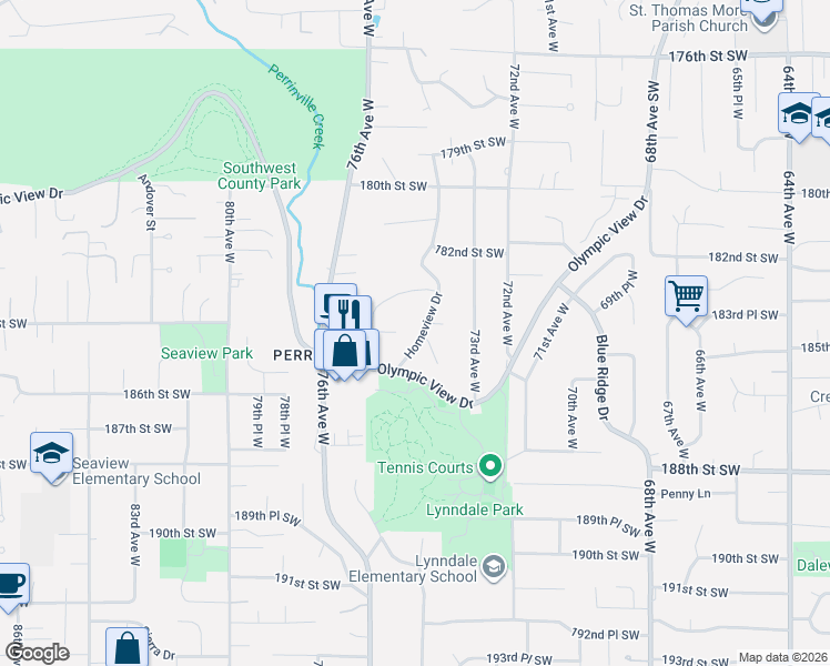map of restaurants, bars, coffee shops, grocery stores, and more near 18404 Homeview Drive in Edmonds