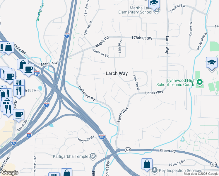map of restaurants, bars, coffee shops, grocery stores, and more near 18322 15th Place West in Lynnwood