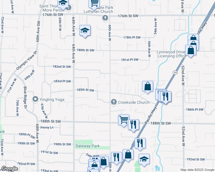 map of restaurants, bars, coffee shops, grocery stores, and more near 18402 60th Avenue West in Lynnwood