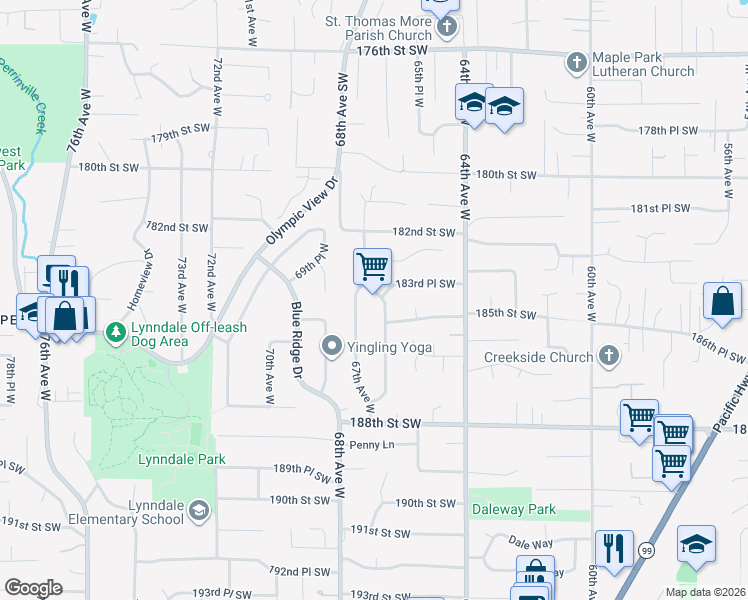 map of restaurants, bars, coffee shops, grocery stores, and more near 18402 66th Avenue West in Lynnwood